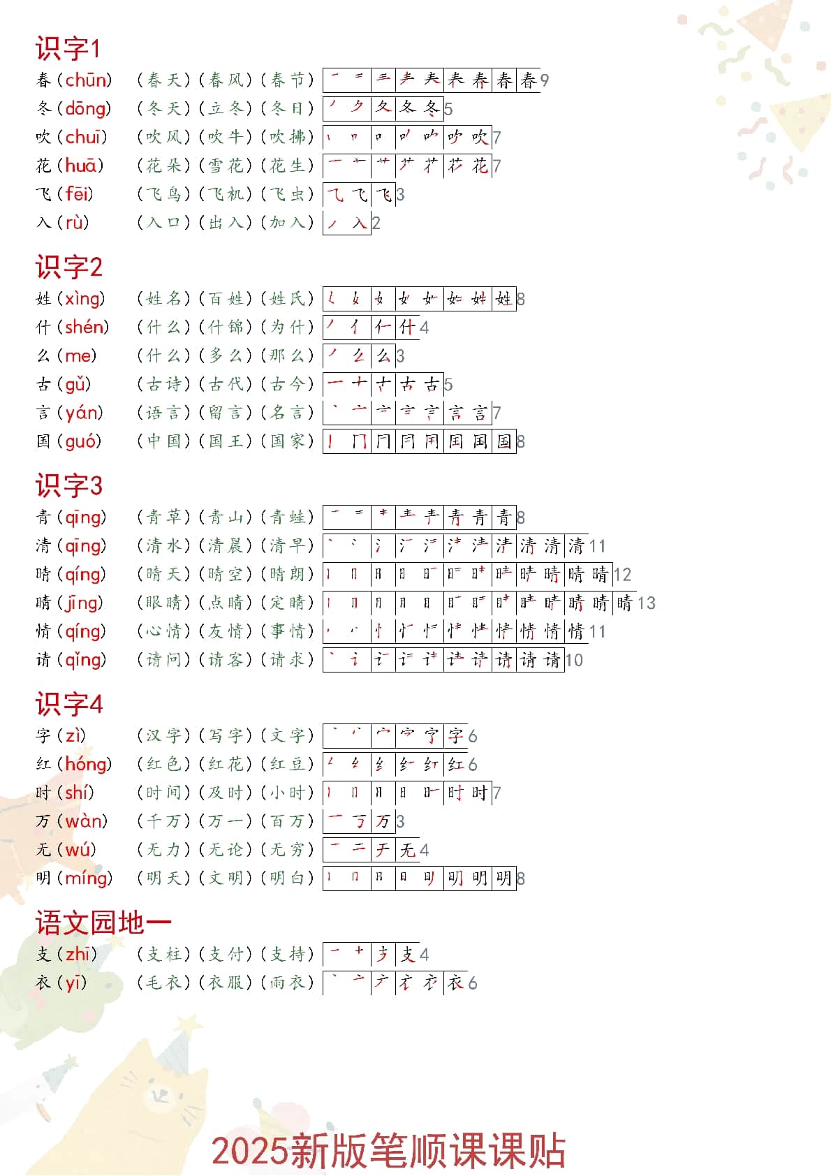 2025春一年级语文新版笔顺课课贴