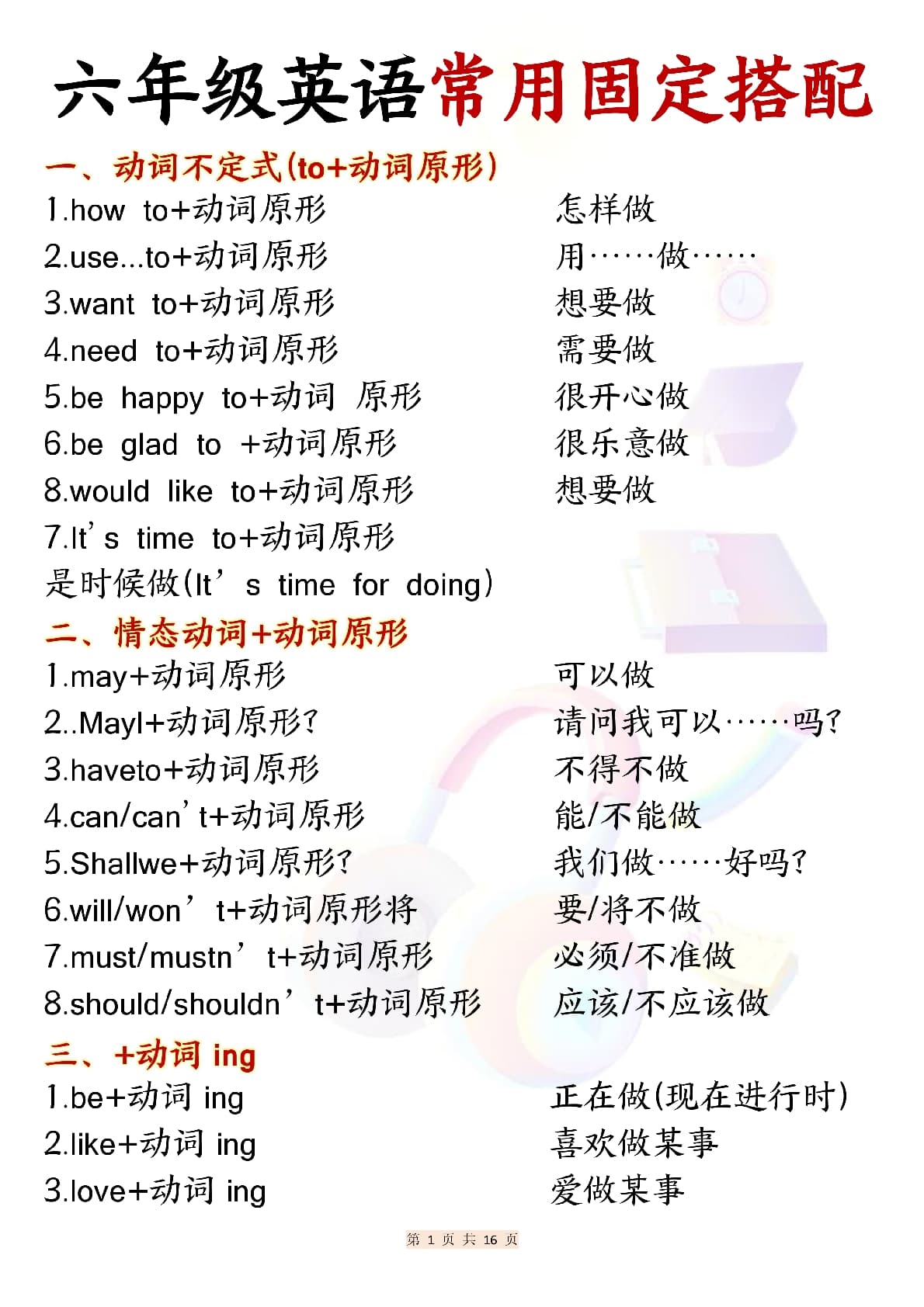 六年级上英语常用固定搭配16页