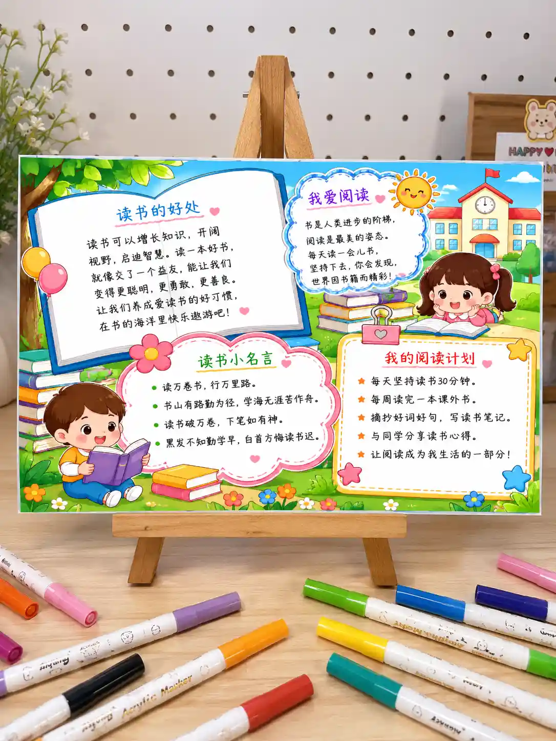 【011】读书手抄报线稿彩色+黑白+浅色+效果图共4张（原创）