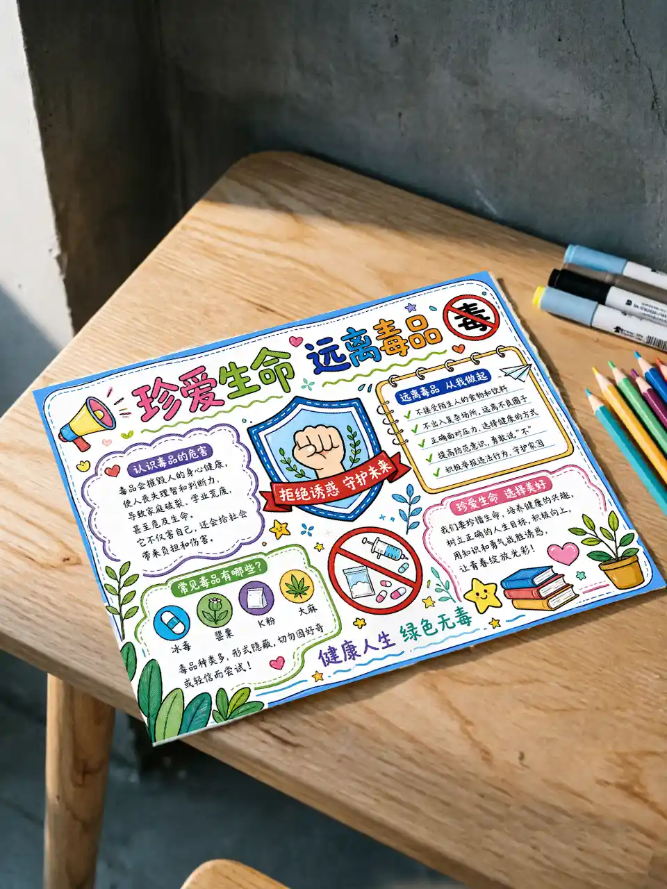 【015】珍爱生命远离毒手抄报线稿彩色+黑白+浅色电子版
