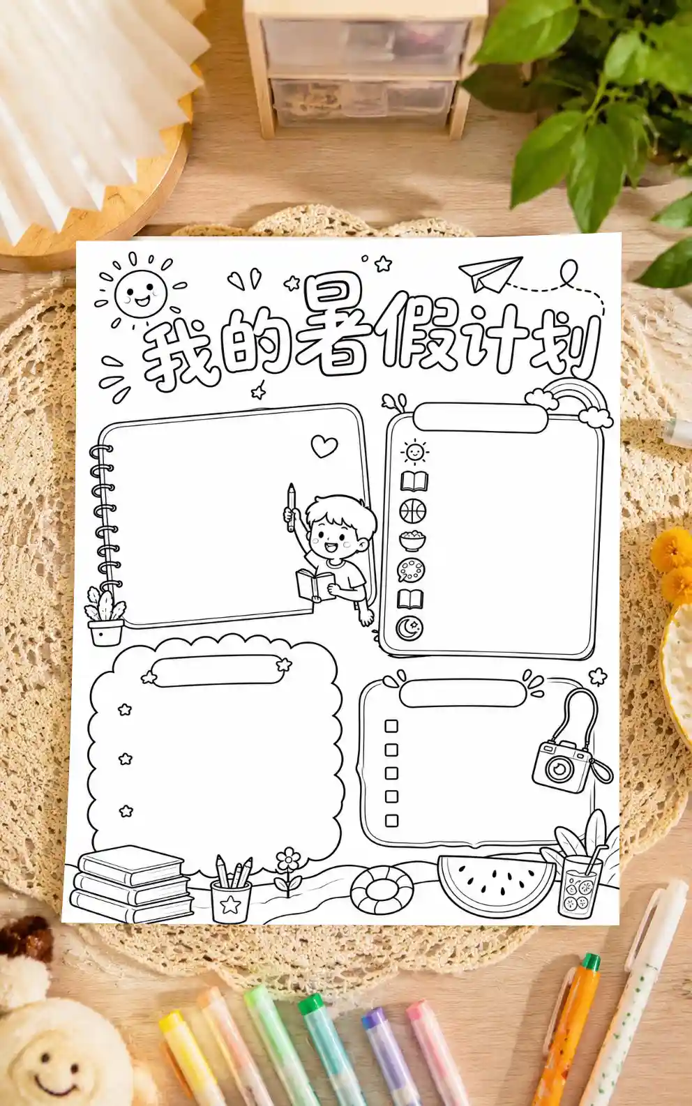 【016】我的暑假计划手抄报线稿彩色+黑白电子版