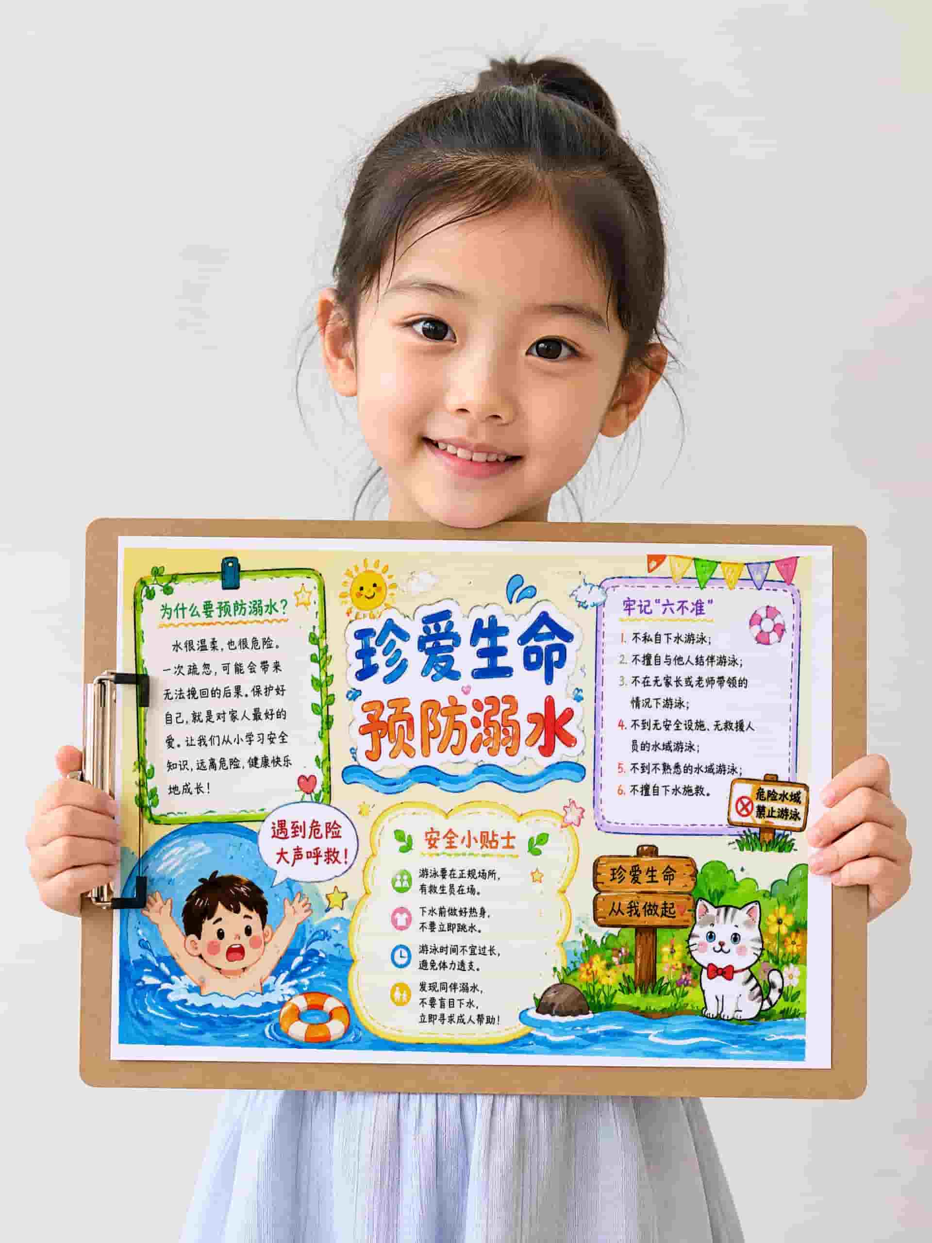 【017】暑假防溺水手抄报线稿彩色+黑白+浅色电子版