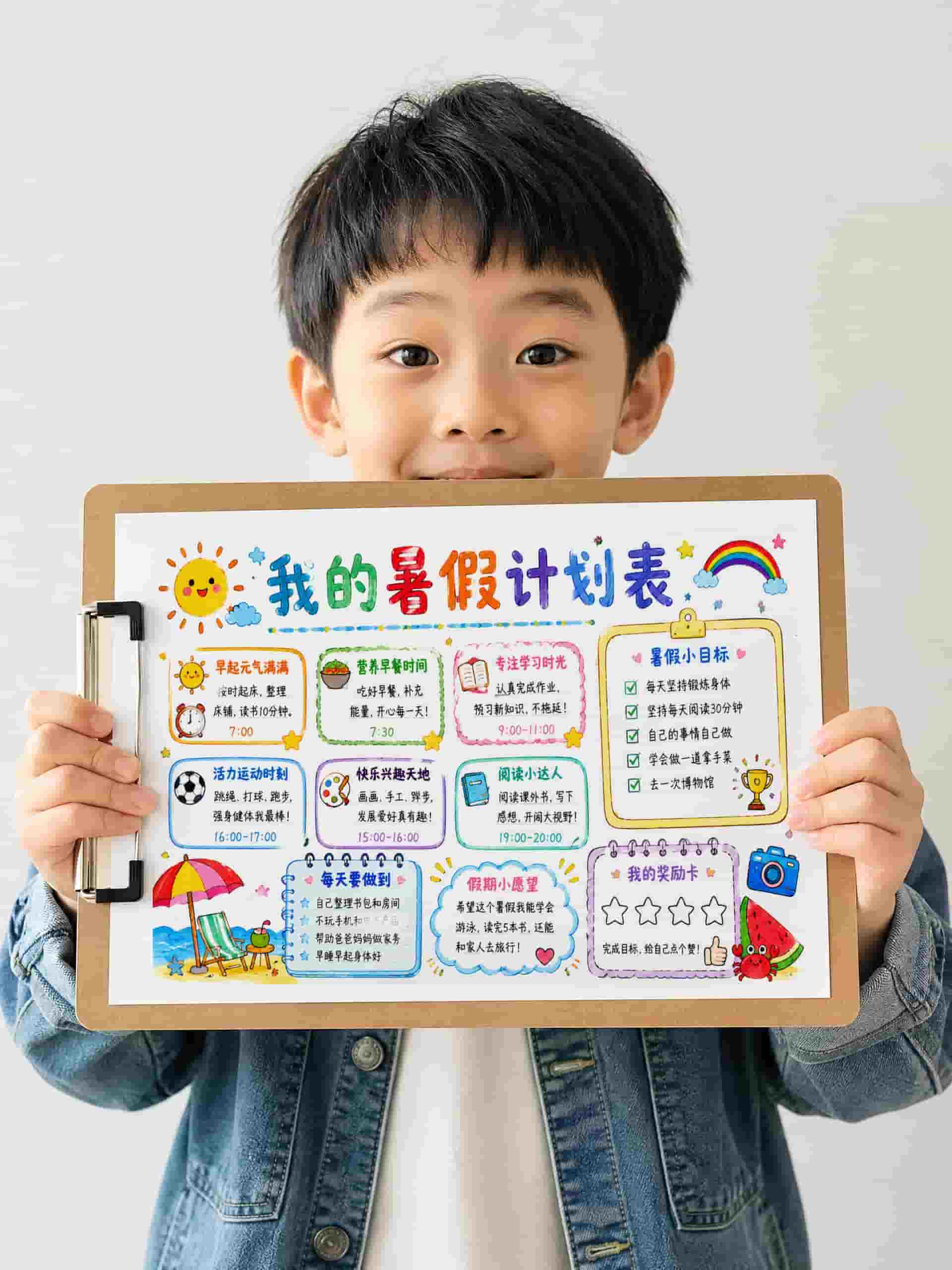 【018】暑假作息计划手抄报线稿彩色+黑白+浅色电子版