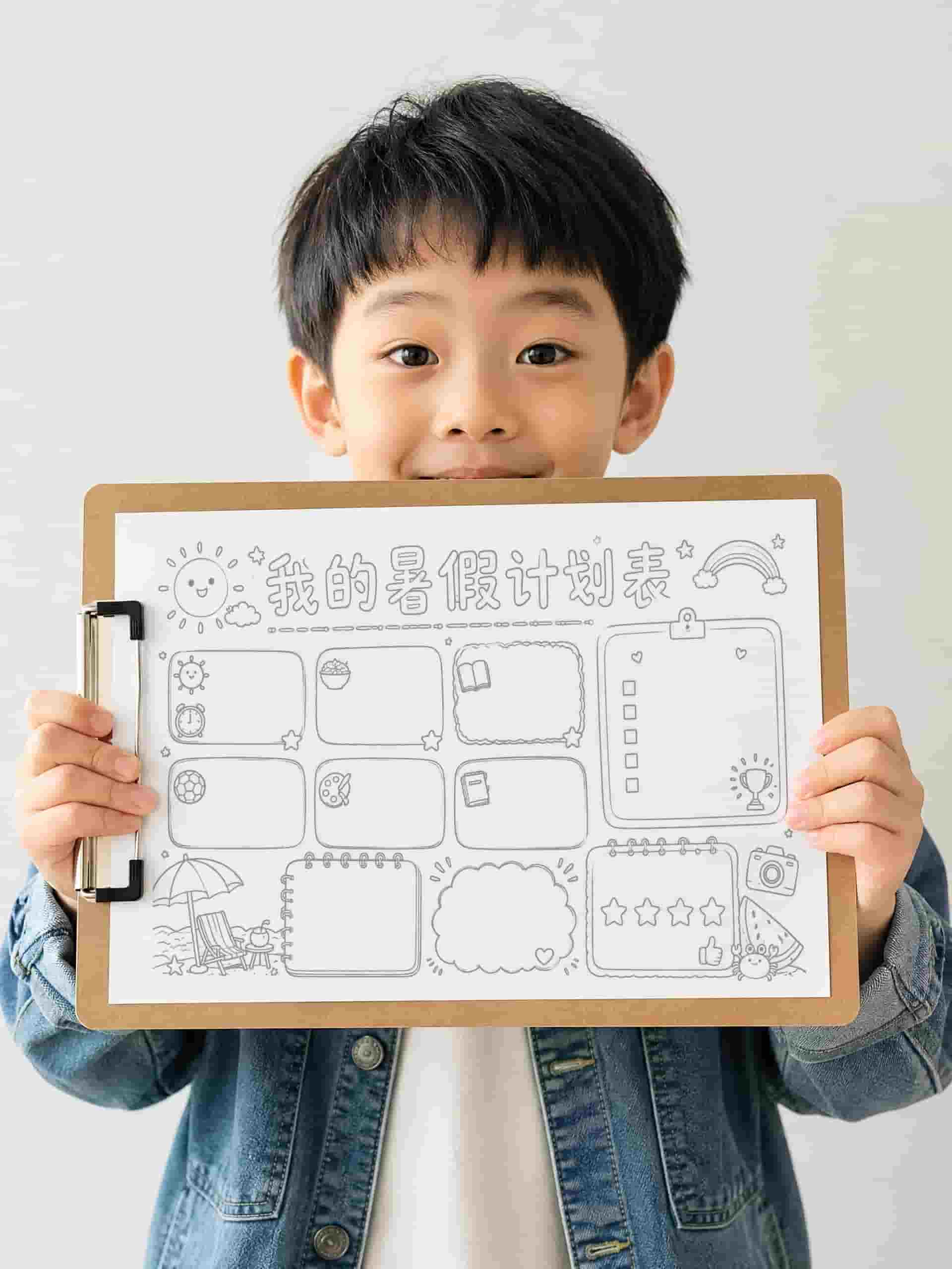 【018】暑假作息计划手抄报线稿彩色+黑白+浅色电子版
