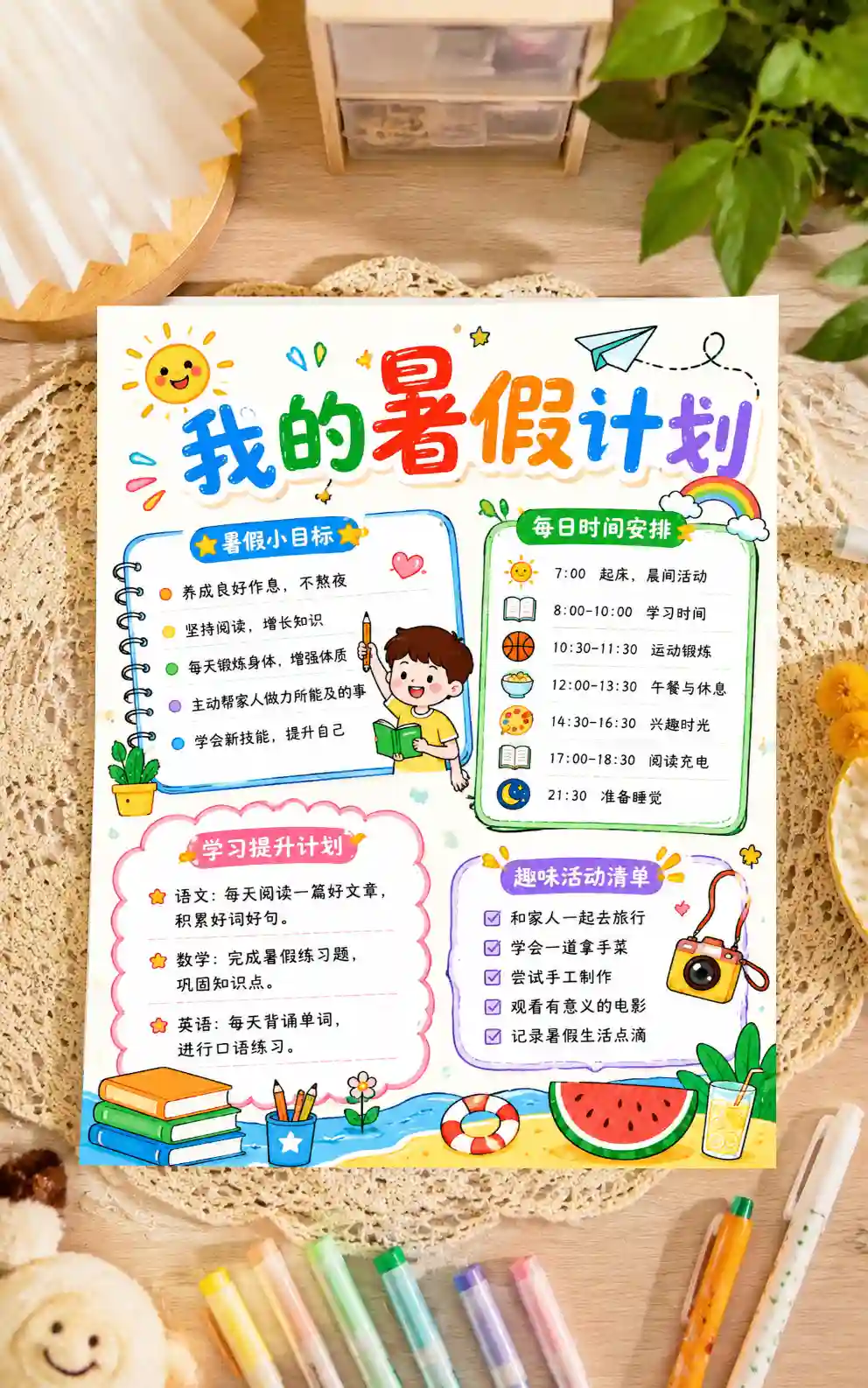 【016】我的暑假计划手抄报线稿彩色+黑白电子版