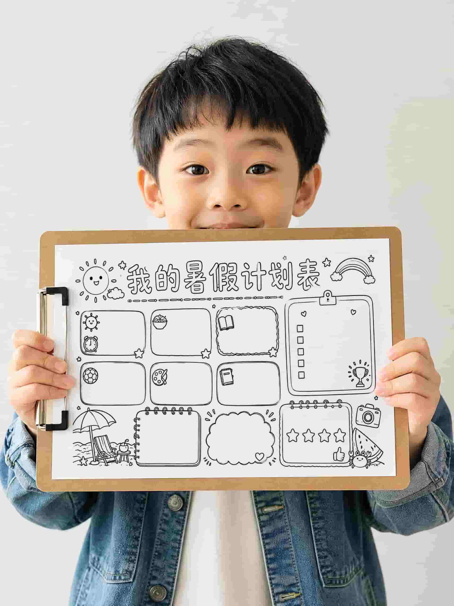 【018】暑假作息计划手抄报线稿彩色+黑白+浅色电子版
